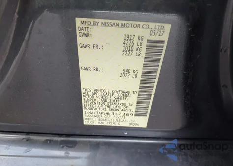 2017 Nissan Altima 2.5 S z USA, uszkodzony, nr VIN 1N4AL3AP9HN347369